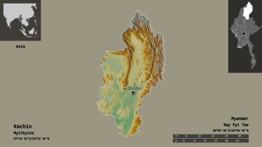 Kachin 'in şekli, Myanmar eyaleti ve başkenti. Uzaklık ölçeği, ön gösterimler ve etiketler. Topografik yardım haritası. 3B görüntüleme