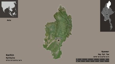 Kachin 'in şekli, Myanmar eyaleti ve başkenti. Uzaklık ölçeği, ön gösterimler ve etiketler. Uydu görüntüleri. 3B görüntüleme