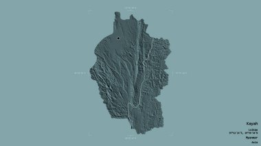 Kayah bölgesi, Myanmar eyaleti, katı bir arka planda izole edilmiş bir sınır kutusunda. Etiketler. Renkli yükseklik haritası. 3B görüntüleme