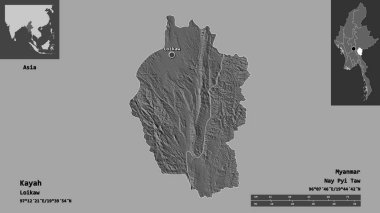 Kayah 'ın şekli, Myanmar eyaleti ve başkenti. Uzaklık ölçeği, ön gösterimler ve etiketler. Çift seviyeli yükseklik haritası. 3B görüntüleme