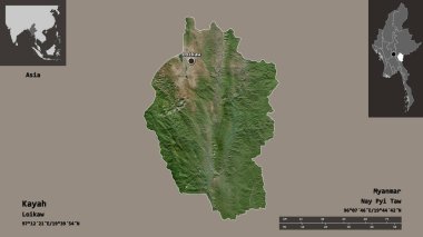 Kayah 'ın şekli, Myanmar eyaleti ve başkenti. Uzaklık ölçeği, ön gösterimler ve etiketler. Uydu görüntüleri. 3B görüntüleme