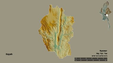 Kayah 'ın şekli, Myanmar eyaleti, sermayesi sağlam arka planda izole edilmiş. Uzaklık ölçeği, bölge önizlemesi ve etiketleri. Topografik yardım haritası. 3B görüntüleme