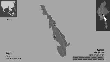 Kayin 'in şekli, Myanmar eyaleti ve başkenti. Uzaklık ölçeği, ön gösterimler ve etiketler. Çift seviyeli yükseklik haritası. 3B görüntüleme