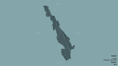 Kayin bölgesi, Myanmar eyaleti, katı bir arka planda izole edilmiş bir sınır kutusunda. Etiketler. Renkli yükseklik haritası. 3B görüntüleme