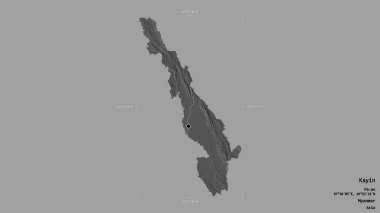 Kayin bölgesi, Myanmar eyaleti, katı bir arka planda izole edilmiş bir sınır kutusunda. Etiketler. Çift seviyeli yükseklik haritası. 3B görüntüleme