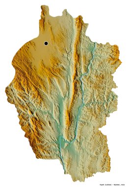Kayah 'ın şekli, Myanmar eyaleti, başkenti beyaz arka planda izole edilmiş. Topografik yardım haritası. 3B görüntüleme