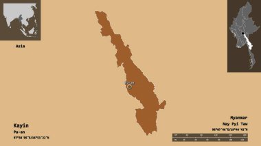 Kayin 'in şekli, Myanmar eyaleti ve başkenti. Uzaklık ölçeği, ön gösterimler ve etiketler. Düzenli desenli dokuların bileşimi. 3B görüntüleme
