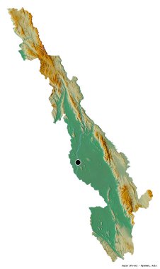 Kayin 'in şekli, Myanmar eyaleti, başkenti beyaz arka planda izole edilmiş. Topografik yardım haritası. 3B görüntüleme