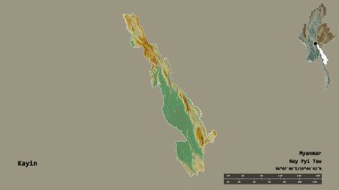 Kayin 'in şekli, Myanmar eyaleti, sermayesi sağlam arka planda izole edilmiş. Uzaklık ölçeği, bölge önizlemesi ve etiketleri. Topografik yardım haritası. 3B görüntüleme