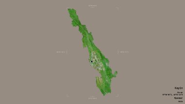 Kayin bölgesi, Myanmar eyaleti, katı bir arka planda izole edilmiş bir sınır kutusunda. Etiketler. Uydu görüntüleri. 3B görüntüleme