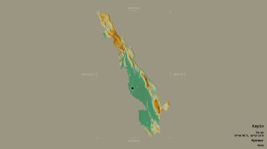 Kayin bölgesi, Myanmar eyaleti, katı bir arka planda izole edilmiş bir sınır kutusunda. Etiketler. Topografik yardım haritası. 3B görüntüleme
