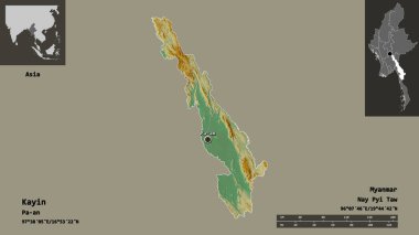Kayin 'in şekli, Myanmar eyaleti ve başkenti. Uzaklık ölçeği, ön gösterimler ve etiketler. Topografik yardım haritası. 3B görüntüleme
