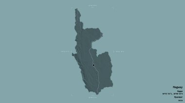 Magway 'in alanı, Myanmar' ın bölümü, sağlam bir arka planda izole edilmiş bir sınır kutusunda. Etiketler. Renkli yükseklik haritası. 3B görüntüleme