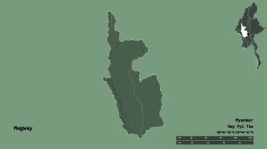 Magway 'in şekli, Myanmar' ın bölünmesi, sermayesi sağlam arka planda izole edilmiş. Uzaklık ölçeği, bölge önizlemesi ve etiketleri. Renkli yükseklik haritası. 3B görüntüleme