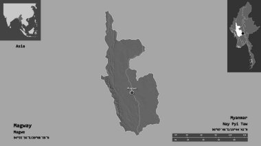 Magway 'in şekli, Myanmar' ın bölünmesi ve başkenti. Uzaklık ölçeği, ön gösterimler ve etiketler. Çift seviyeli yükseklik haritası. 3B görüntüleme