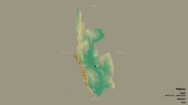 Magway 'in alanı, Myanmar' ın bölümü, sağlam bir arka planda izole edilmiş bir sınır kutusunda. Etiketler. Topografik yardım haritası. 3B görüntüleme