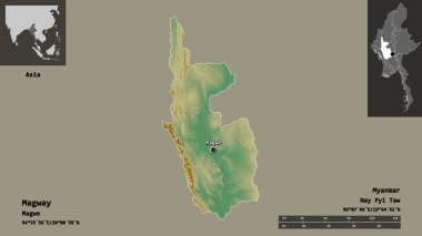 Magway 'in şekli, Myanmar' ın bölünmesi ve başkenti. Uzaklık ölçeği, ön gösterimler ve etiketler. Topografik yardım haritası. 3B görüntüleme