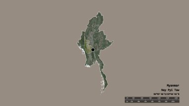 Başkenti, ana bölgesel bölümü ve ayrılmış Magway bölgesiyle Myanmar 'ın deforme edilmiş şekli. Etiketler. Uydu görüntüleri. 3B görüntüleme