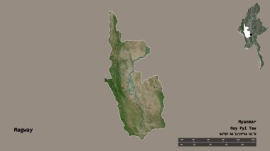 Magway 'in şekli, Myanmar' ın bölünmesi, sermayesi sağlam arka planda izole edilmiş. Uzaklık ölçeği, bölge önizlemesi ve etiketleri. Uydu görüntüleri. 3B görüntüleme