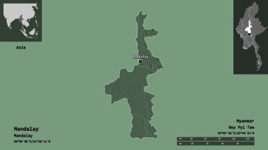 Mandalay 'ın şekli, Myanmar' ın bölünmesi ve başkenti. Uzaklık ölçeği, ön gösterimler ve etiketler. Renkli yükseklik haritası. 3B görüntüleme