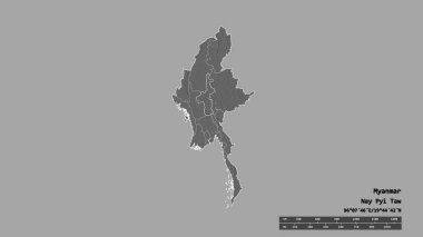 Başkenti, ana bölgesel bölümü ve ayrılmış Mandalay bölgesiyle Myanmar 'ın deforme edilmiş şekli. Etiketler. Çift seviyeli yükseklik haritası. 3B görüntüleme