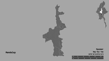 Mandalay 'ın şekli, Myanmar' ın bölünmesi, sermayesi sağlam arka planda izole edilmiş. Uzaklık ölçeği, bölge önizlemesi ve etiketleri. Çift seviyeli yükseklik haritası. 3B görüntüleme