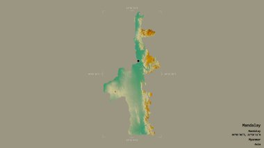 Mandalay bölgesi, Myanmar 'ın bölümü, jeoreferatlı bir sınır kutusunda sağlam bir arka planda izole edilmiş. Etiketler. Topografik yardım haritası. 3B görüntüleme