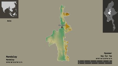 Mandalay 'ın şekli, Myanmar' ın bölünmesi ve başkenti. Uzaklık ölçeği, ön gösterimler ve etiketler. Topografik yardım haritası. 3B görüntüleme