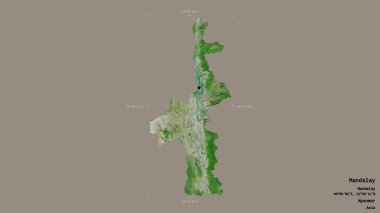 Mandalay bölgesi, Myanmar 'ın bölümü, jeoreferatlı bir sınır kutusunda sağlam bir arka planda izole edilmiş. Etiketler. Uydu görüntüleri. 3B görüntüleme
