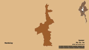 Mandalay 'ın şekli, Myanmar' ın bölünmesi, sermayesi sağlam arka planda izole edilmiş. Uzaklık ölçeği, bölge önizlemesi ve etiketleri. Düzenli desenli dokuların bileşimi. 3B görüntüleme