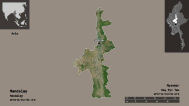 Mandalay 'ın şekli, Myanmar' ın bölünmesi ve başkenti. Uzaklık ölçeği, ön gösterimler ve etiketler. Uydu görüntüleri. 3B görüntüleme