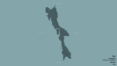 Mon bölgesi, Myanmar eyaleti, katı bir arka planda izole edilmiş bir sınır kutusunda. Etiketler. Renkli yükseklik haritası. 3B görüntüleme