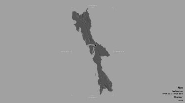 Mon bölgesi, Myanmar eyaleti, katı bir arka planda izole edilmiş bir sınır kutusunda. Etiketler. Çift seviyeli yükseklik haritası. 3B görüntüleme