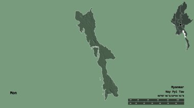 Mon 'un şekli, Myanmar eyaleti, sermayesi sağlam arka planda izole edilmiş. Uzaklık ölçeği, bölge önizlemesi ve etiketleri. Renkli yükseklik haritası. 3B görüntüleme
