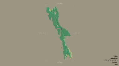 Mon bölgesi, Myanmar eyaleti, katı bir arka planda izole edilmiş bir sınır kutusunda. Etiketler. Topografik yardım haritası. 3B görüntüleme