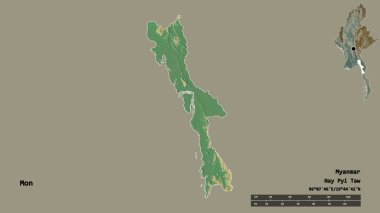 Mon 'un şekli, Myanmar eyaleti, sermayesi sağlam arka planda izole edilmiş. Uzaklık ölçeği, bölge önizlemesi ve etiketleri. Topografik yardım haritası. 3B görüntüleme
