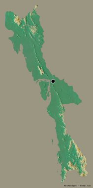 Mon 'un şekli, Myanmar eyaleti, sermayesi katı renk arka planında izole edilmiş. Topografik yardım haritası. 3B görüntüleme
