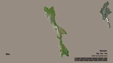 Mon 'un şekli, Myanmar eyaleti, sermayesi sağlam arka planda izole edilmiş. Uzaklık ölçeği, bölge önizlemesi ve etiketleri. Uydu görüntüleri. 3B görüntüleme