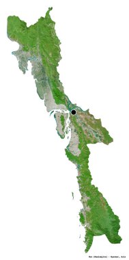 Mon 'un şekli, Myanmar eyaleti, başkenti beyaz arka planda izole edilmiş. Uydu görüntüleri. 3B görüntüleme