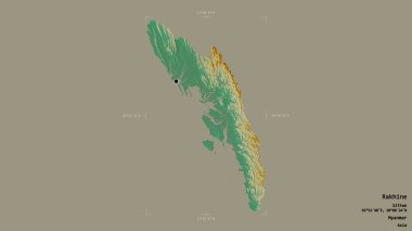 Rakhine bölgesi, Myanmar eyaleti, katı bir arka planda izole edilmiş bir sınır kutusunda. Etiketler. Topografik yardım haritası. 3B görüntüleme
