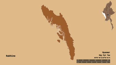 Rakhine 'in şekli, Myanmar eyaleti, sermayesi sağlam arka planda izole edilmiş. Uzaklık ölçeği, bölge önizlemesi ve etiketleri. Düzenli desenli dokuların bileşimi. 3B görüntüleme