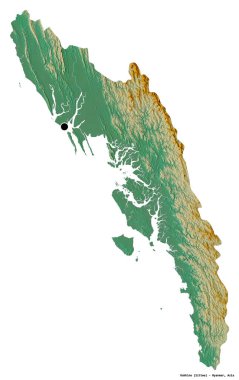 Rakhine 'in şekli, Myanmar eyaleti, başkenti beyaz arka planda izole edilmiş. Topografik yardım haritası. 3B görüntüleme