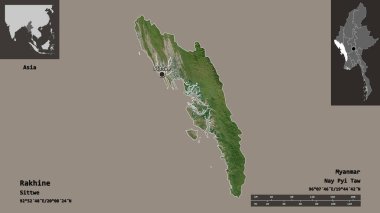 Rakhine 'in şekli, Myanmar eyaleti ve başkenti. Uzaklık ölçeği, ön gösterimler ve etiketler. Uydu görüntüleri. 3B görüntüleme