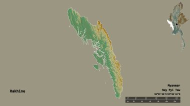 Rakhine 'in şekli, Myanmar eyaleti, sermayesi sağlam arka planda izole edilmiş. Uzaklık ölçeği, bölge önizlemesi ve etiketleri. Topografik yardım haritası. 3B görüntüleme