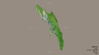 Rakhine bölgesi, Myanmar eyaleti, katı bir arka planda izole edilmiş bir sınır kutusunda. Etiketler. Uydu görüntüleri. 3B görüntüleme