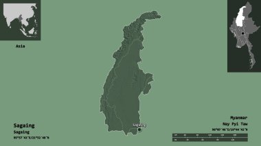 Sagaing 'in şekli, Myanmar' ın bölünmesi ve başkenti. Uzaklık ölçeği, ön gösterimler ve etiketler. Renkli yükseklik haritası. 3B görüntüleme