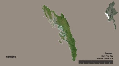Rakhine 'in şekli, Myanmar eyaleti, sermayesi sağlam arka planda izole edilmiş. Uzaklık ölçeği, bölge önizlemesi ve etiketleri. Uydu görüntüleri. 3B görüntüleme