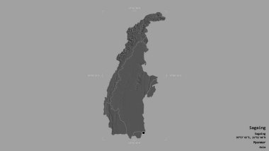 Sagaing bölgesi, Myanmar 'ın bölümü, jeoreferatlı bir sınır kutusunda sağlam bir arka planda izole edilmiş. Etiketler. Çift seviyeli yükseklik haritası. 3B görüntüleme