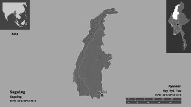 Sagaing 'in şekli, Myanmar' ın bölünmesi ve başkenti. Uzaklık ölçeği, ön gösterimler ve etiketler. Çift seviyeli yükseklik haritası. 3B görüntüleme