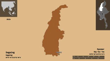 Sagaing 'in şekli, Myanmar' ın bölünmesi ve başkenti. Uzaklık ölçeği, ön gösterimler ve etiketler. Düzenli desenli dokuların bileşimi. 3B görüntüleme